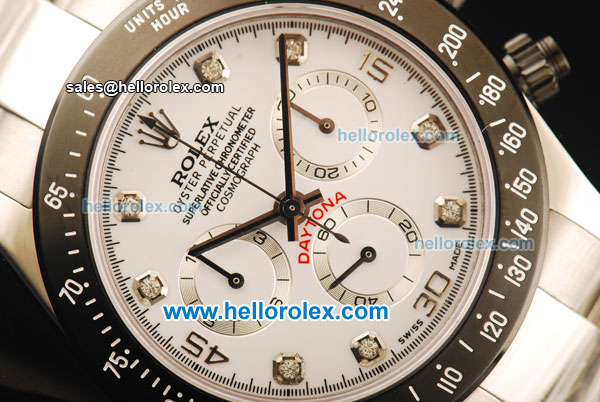Rolex Daytona Chronograph Swiss Valjoux 7750 Automatic Movement Steel Case with White Dial and Diamond Markers-Black Bezel - Click Image to Close
